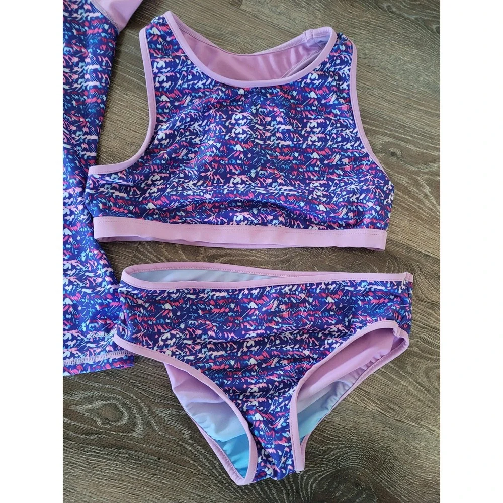 Eddie Bauer Girls 3 Piece Swimsuit Set Purple Rash Guard Bikini Kids L 14/16 #8